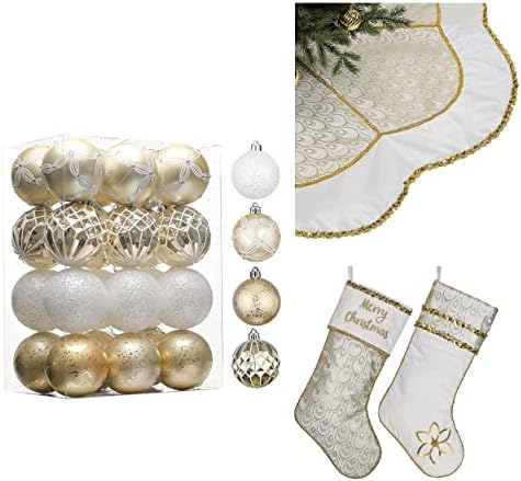 Valery Madelyn biele zlato Vianočné dekorácie Bundle 24ct vianočné gule ozdoby + 48 palcový vianočný strom sukne