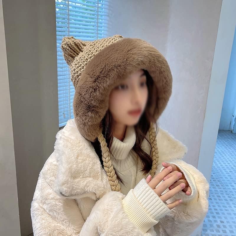 DOUBA ženy zimné teplé Cute Beanie Hat Cat uši pletené háčkované čiapky klobúk čiapka s vrkočom